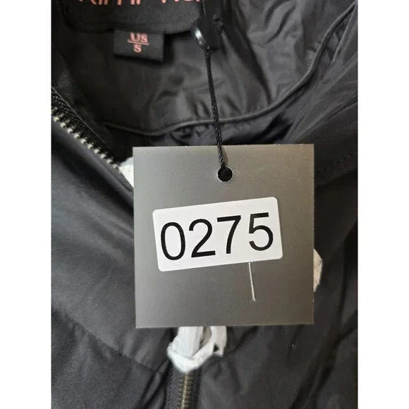 NWT Kimi + Kai Womens Black Faux Fur Trim Hooded Quilted Down Long Jacket Size S